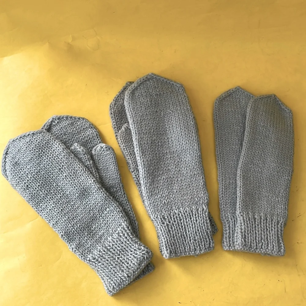 Grayish blue hand knitted wool mittens for family